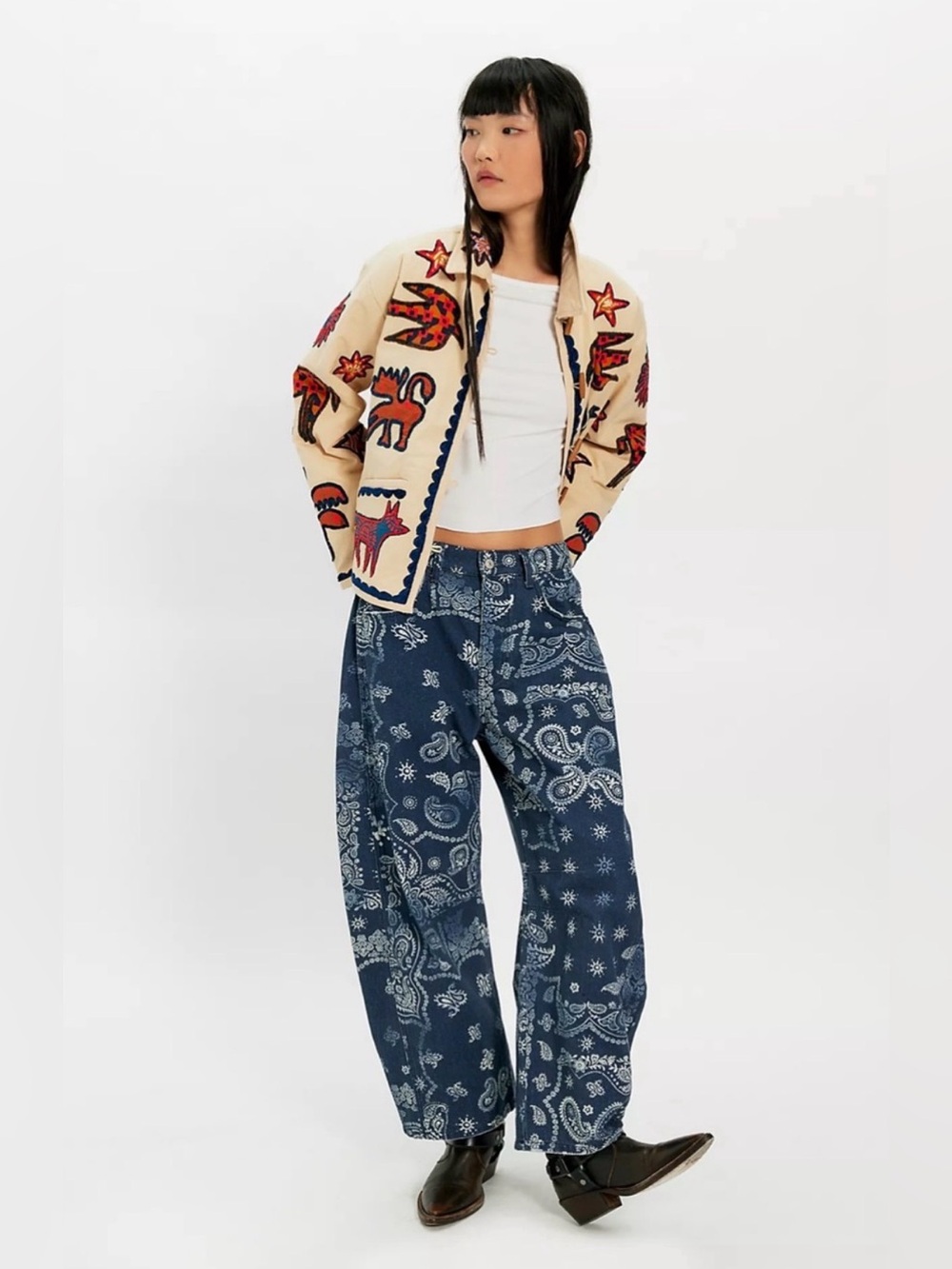 We The Free Printed Good Luck Barrel Jeans🔥 Navy Banadana 🔥 size 30
